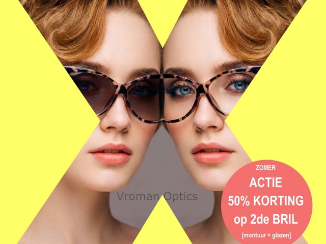 zomeractie 50 procent korting op 2de multifocale bril (montuur + glazen)